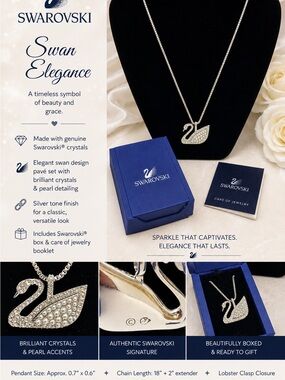 Swarovski Silver Swan Pendant Necklace with Crystals and Pearls